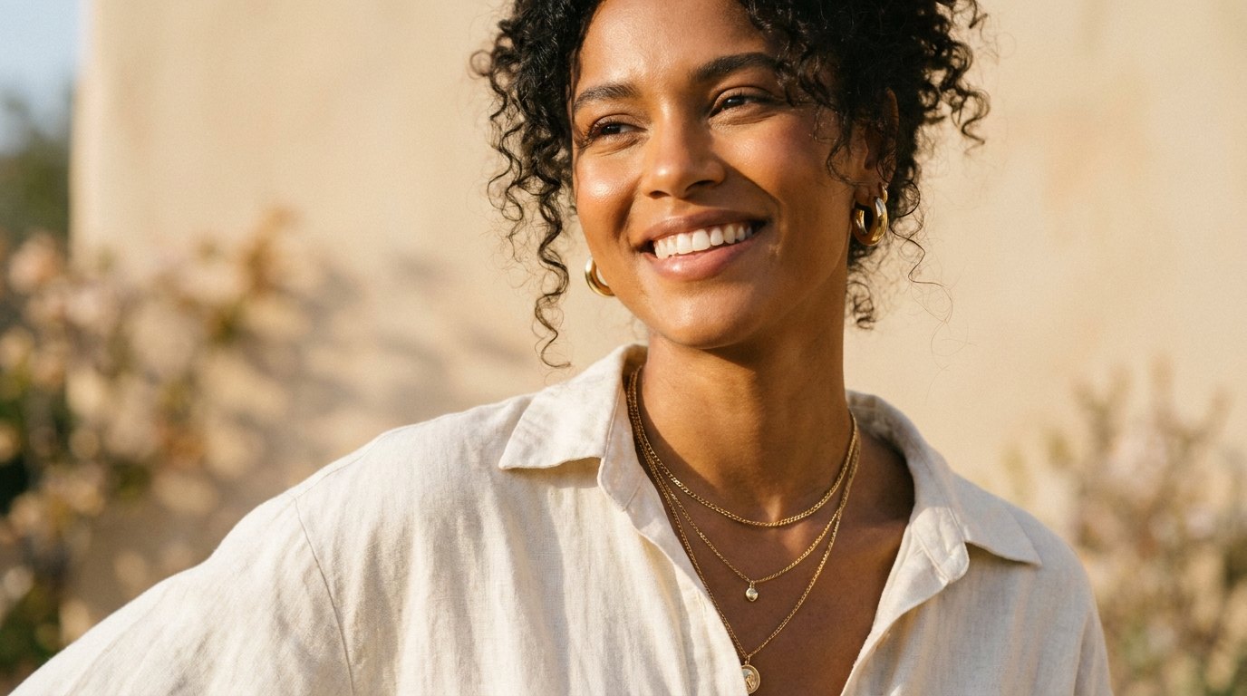 Mulher sorrindo usando colares e argolas douradas